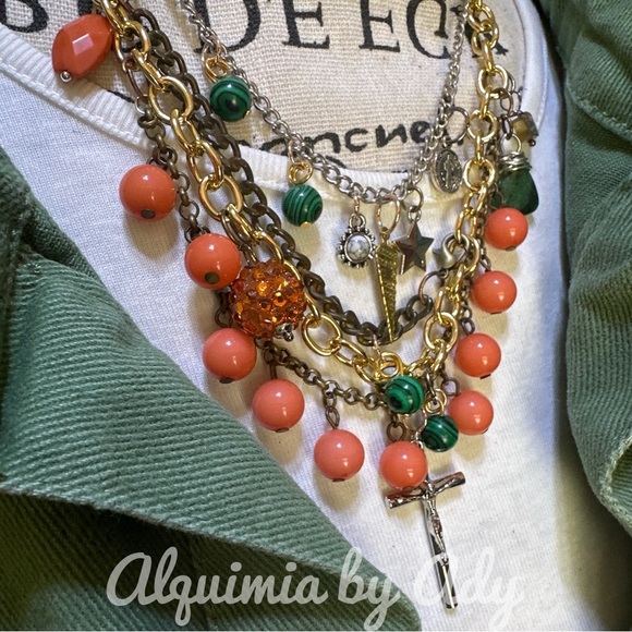 Malachite coral statement chunky layered multi charms bohemian necklace - Picture 6 of 7